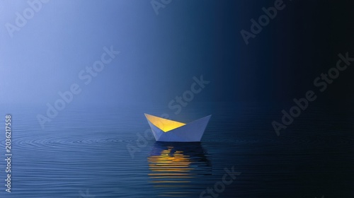 Small illuminated paper boat floats on dark rippling water
