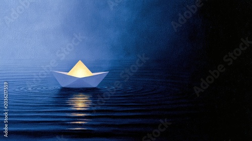 A glowing paper boat sails on dark, rippling water under a misty blue light