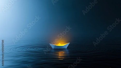 Small paper boat with glowing light inside, adrift on rippling water