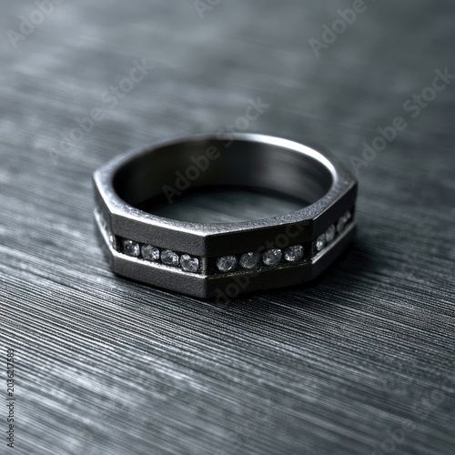 Geometric metal band with inlaid clear stones on textured surface