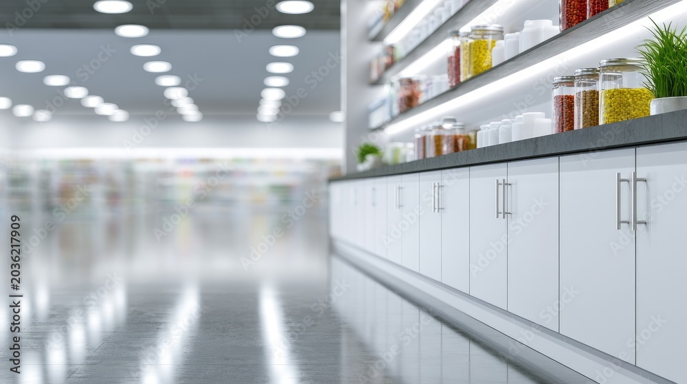 Fototapeta premium Shelves of jars filled with colorful ingredients displayed in a clean, modern store