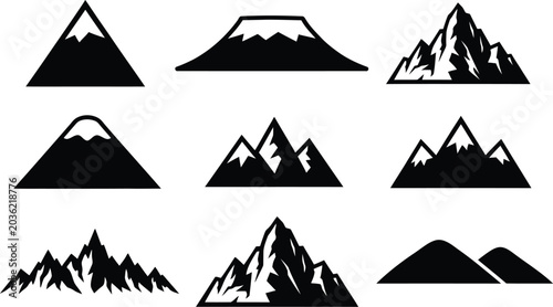 Photos Three mountain peaks icons with different shapes and styles for design Vector