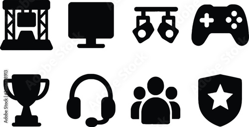 Set of gaming and competition icons with monitor, game controller, trophy, headphones, and team Vector