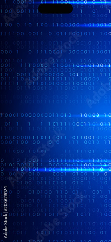 Binary code digital technology background with glowing blue data streams. Cybersecurity, big data, programming, tech networks concept for phone wallpaper, social network banner BG.Vector Illustration.
