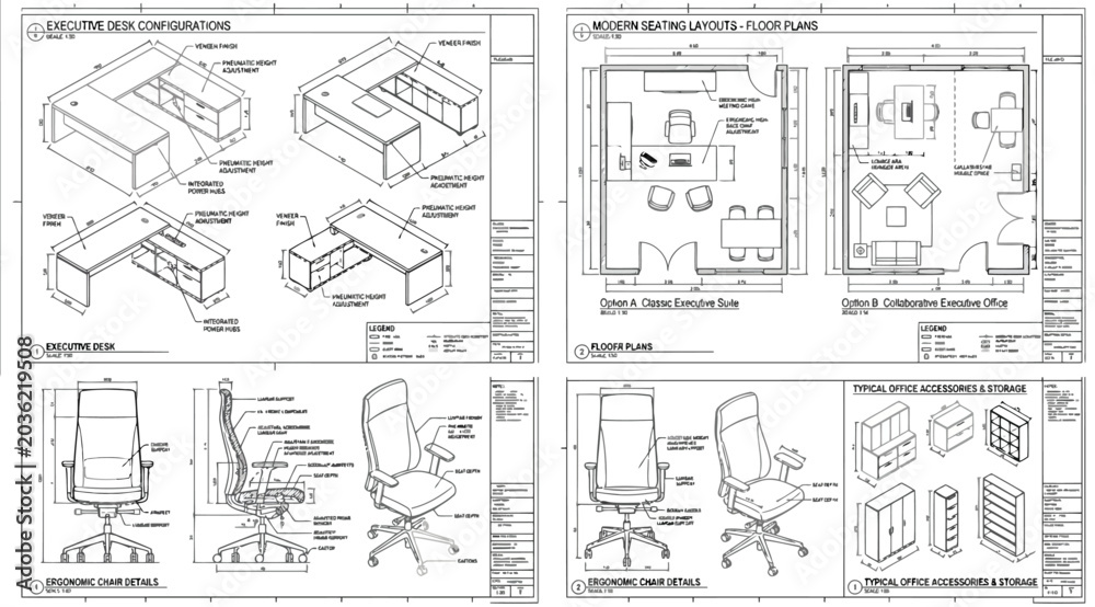 Fototapeta premium Technical furniture design specifications and office layout schematics