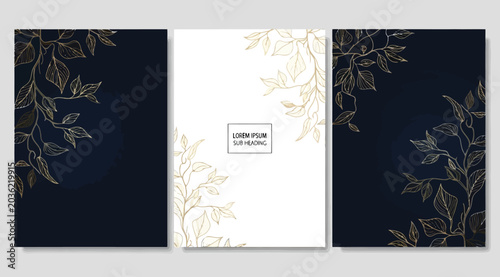 Slika na platnu Set of three luxury invitation card templates with gold botanical line art on da