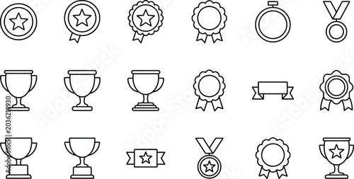 Set of sixteen award and competition icons with stars ribbons and trophies Vector