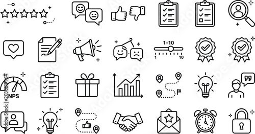 Customer feedback user experience and review outline icon set featuring star rating testimonial megaphone survey nps linear design