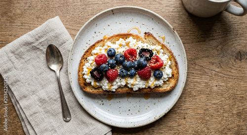 Cottage cheese toast with berries and honey drizzle