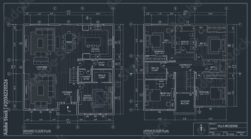Schilderij op canvas Ground and upper floor plan architectural blueprints for a villa
