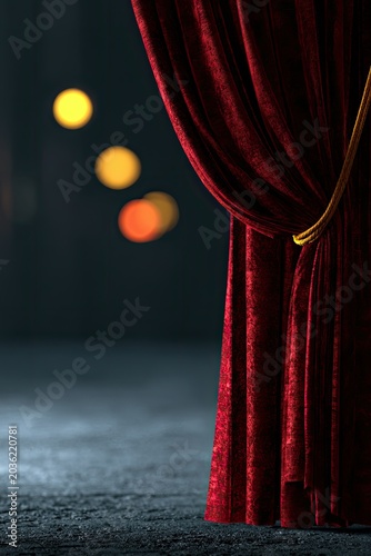 Rich red velvet curtain partially drawn on a dimly lit stage (1)