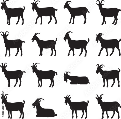Black goat standing and sitting in different poses Vector