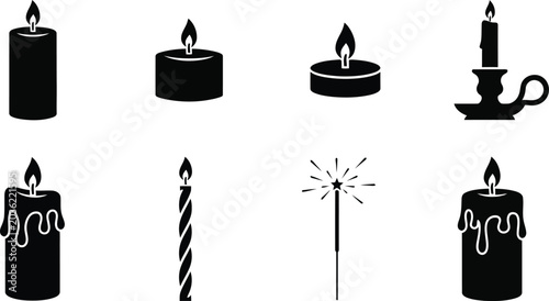 Fotografía Set of eight candles burning and dripping wax in different styles and shapes Vec