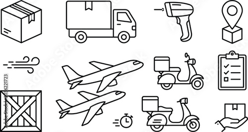 Bild auf Leinwand Global logistics supply chain and fast distribution warehouse outline icon set w
