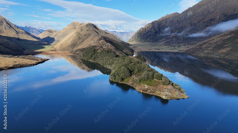 Fototapeta premium Aerial View of Moke Lake with Mountain Reflections in Queenstown New Zealand