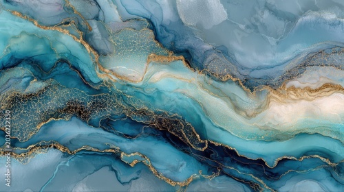 Luxurious alcohol ink art with teal and navy blue waves highlighted by gold glitter veins.
