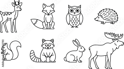 Canvas Print Set of eight wild animals standing and sitting in a simple drawing style Vector