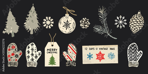 Bild auf Leinwand Christmas Ornament Collection Hand Drawn Vector Illustration On Dark Background