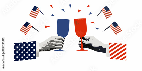 Tableau sur toile Champagne glasses with american flags and patriotic patterns vector illustration