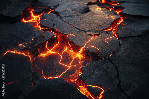 Cracked Earth with Molten Lava: A dramatic depiction of the Earth's crust fracturing, revealing glowing, molten lava seething beneath the surface, symbolizing immense geological power and raw energy.