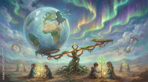 Climate Justice Crisis, Surreal Balance of Nature and Justice in a Dreamlike Scene