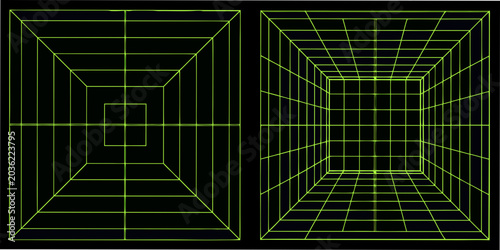 Neon Green Wireframe Grids On Black Background Abstract Digital Illustration