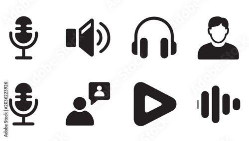 Slika na platnu Icons set microphone speaker headphones person play button and audio waves
