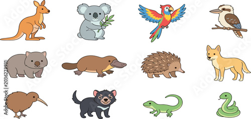 Εκτύπωση καμβά Cute cartoon Australian wildlife vector icon set featuring kangaroo koala platyp
