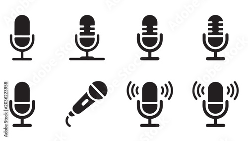 Professional microphone icons set for podcasting recording and sound production equipment.