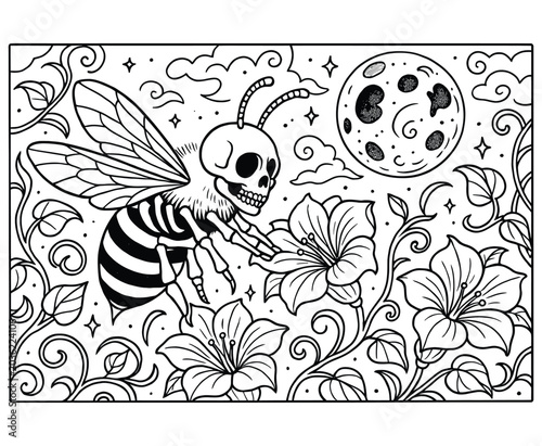 Photography Skull head bumblebee pollinating flowers under full moon night sky coloring page for adult