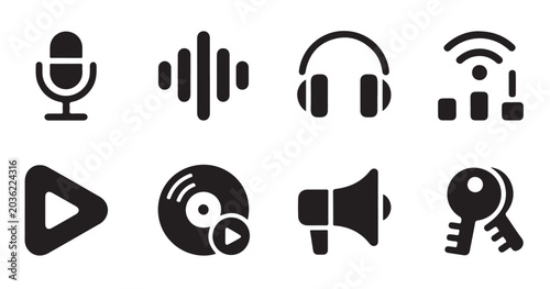 Tableau sur toile Icons for audio, music, and technology, including microphone, sound, and headphones