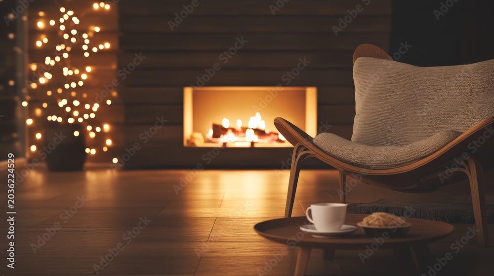 Naklejka premium Cozy interior scene features a burning fireplace, a comfortable armchair, a small table with a cup of coffee and pastry, and christmas lights adding a festive touch to the warm ambiance
