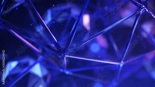 Futuristic 3D neural network with glowing crystal nodes and fiber optics in deep blue tech space. Cinematic lighting and ample copy space for AI presentations and corporate hero banners.