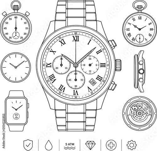 Tableau sur toile Luxury chronograph wrist watch black and white vector illustration