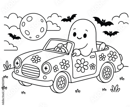 Friendly ghost driving flower car under moon and bats coloring page for halloween fun.