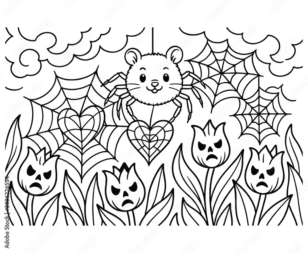 Fototapeta premium Little spider mouse character spinning heart webs over spooky skull flowers and garden path.