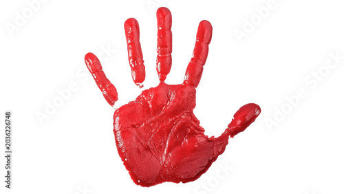 Tableau sur toile Vibrant red liquid paint imprint shape of a human hand isolated on transparent b