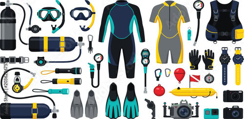 Quadro su tela Scuba diving gear vector collection featuring wetsuit oxygen tank mask snorkel b