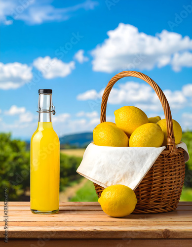 Cold Pressed Lemon Juice Glass Bottle and Wicker Basket of Fresh Lemons on Wood Table, Nature Background
