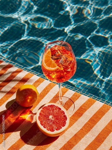 Aperol spritz cocktail and citrus fruits by the swimming pool