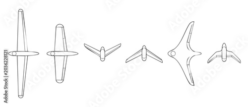 Bild auf Leinwand Glider airplane silhouette vector diagrams illustrating wingspan design concepts of flight sailplanes, flying wings, and military uav drones isolated on white background for engineering project
