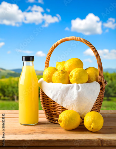 Organic Lemon Juice in Glass Bottle Next to Wicker Basket of Fresh Lemons, Farm Background
