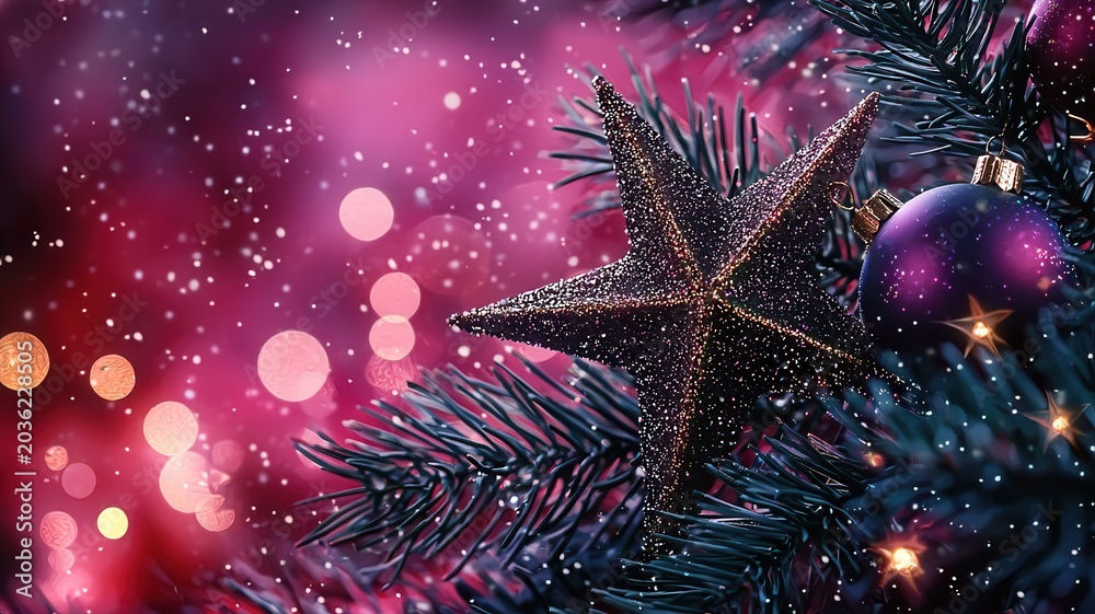 Fototapeta premium Golden glitter star shining on red background, celebrating christmas, new year, season success, award, festive