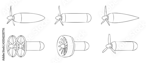 Bild auf Leinwand Propeller engine line icon set showing various thruster propulsion models for drones, marine vessels, and aircraft propulsion systems in a clean outline schematic drawing style