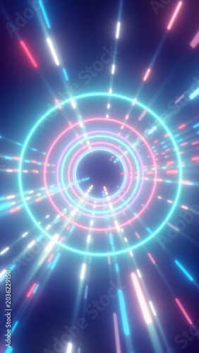 Futuristic neon tunnel with cyan and pink rings, radial light streaks, and glowing motion blur for technology and speed concepts.