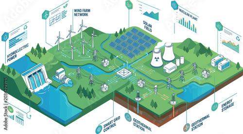 Bild auf Leinwand Isometric Renewable Green Energy Smart Grid Infographic Diagram with Solar Wind