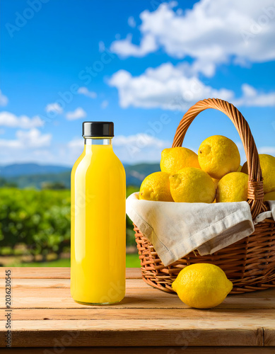 Fresh Squeezed Lemon Juice Bottle with Lemons in Wicker Basket on Wooden Table, Blue Sky Background

