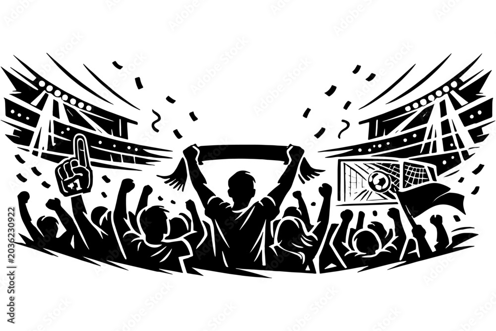 Obraz premium Silhouette of Cheering Football Fans Crowd in Stadium Vector