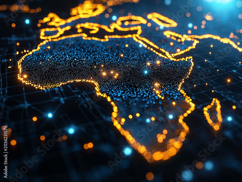 Digital tech map of the continent of Africa with glowing golden borders and network particles, global communication and cyber connection concept, AI generated