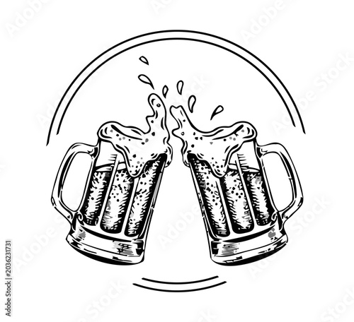 Two Beer Mugs Toasting with Foam, Hand Drawn Vector Illustration